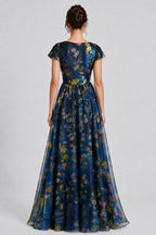 V Neck Cap Sleeve All Over Floral Print A‑Line Maxi Dresses-Navy [Pre Order]