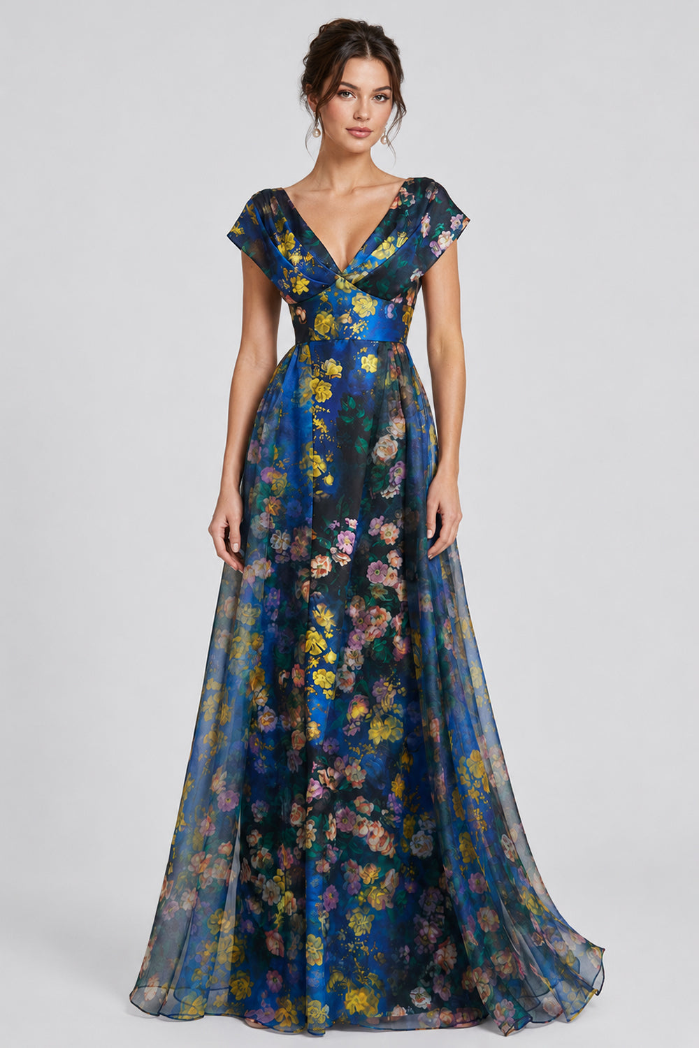 V Neck Cap Sleeve All Over Floral Print A‑Line Maxi Dresses-Navy [Pre Order]