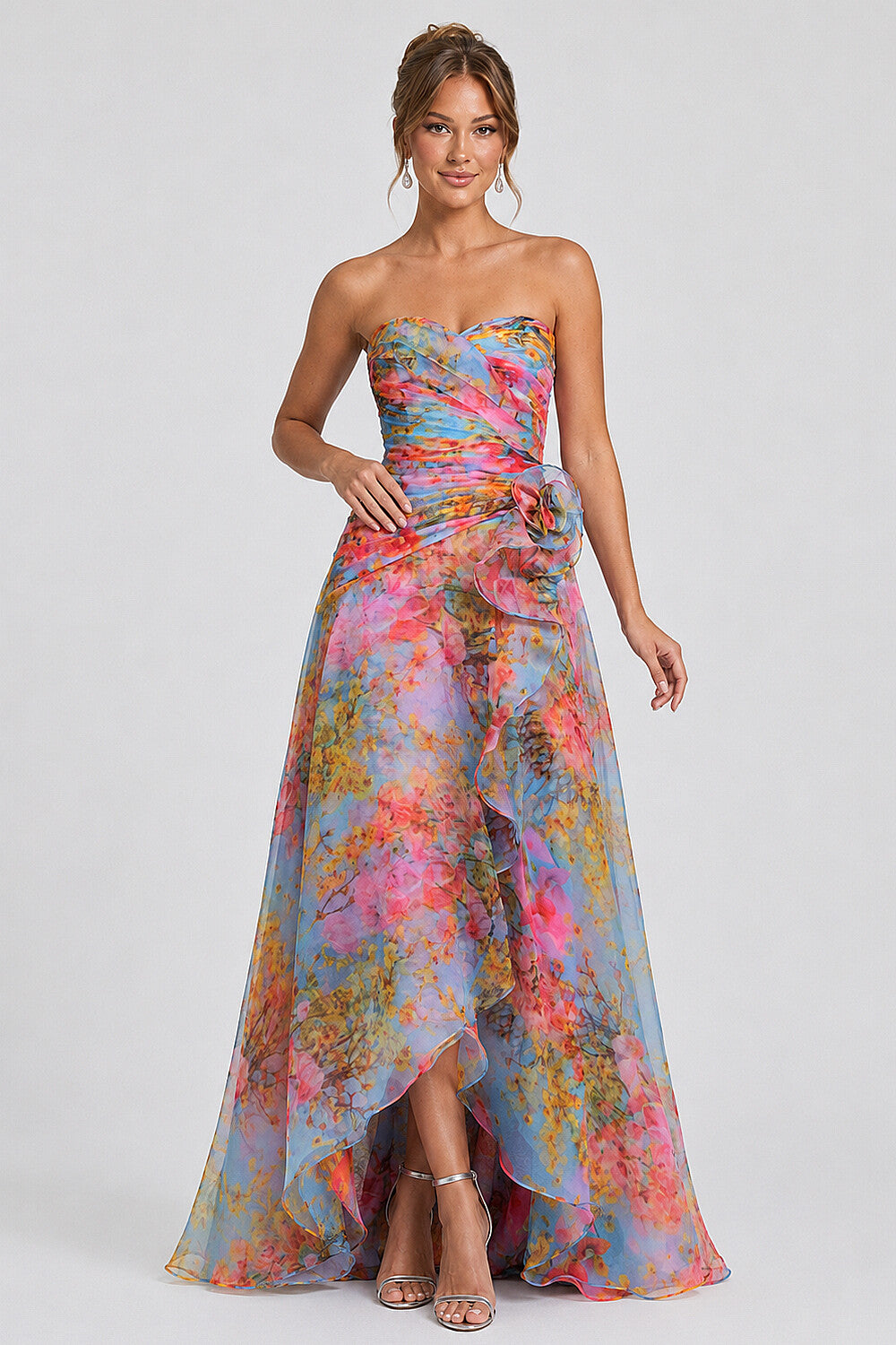 Strapless Sweetheart Neck 3D Flower Maxi Dresses-Multicolor [Pre Order]