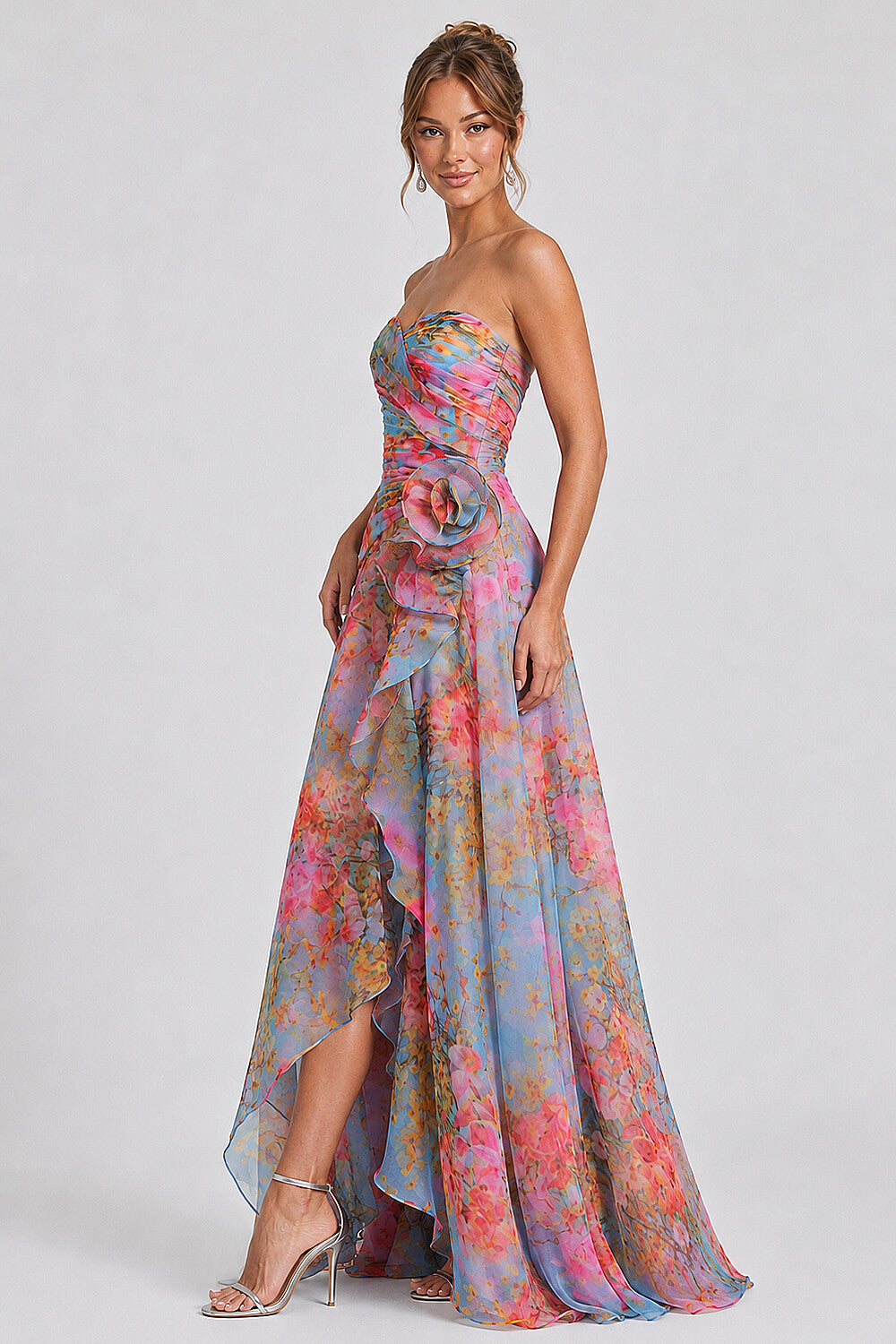 Strapless Sweetheart Neck 3D Flower Maxi Dresses-Multicolor [Pre Order]