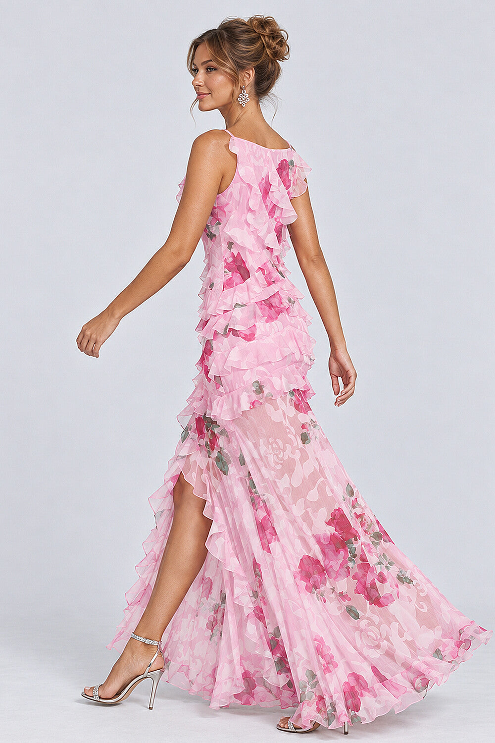 Floral Spaghetti Straps Tiered Ruffled Slit Maxi Dresses-Pink [Pre Order]
