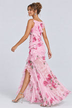 Floral Spaghetti Straps Tiered Ruffled Slit Maxi Dresses-Pink [Pre Order]