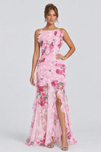 Floral Spaghetti Straps Tiered Ruffled Slit Maxi Dresses-Pink [Pre Order]