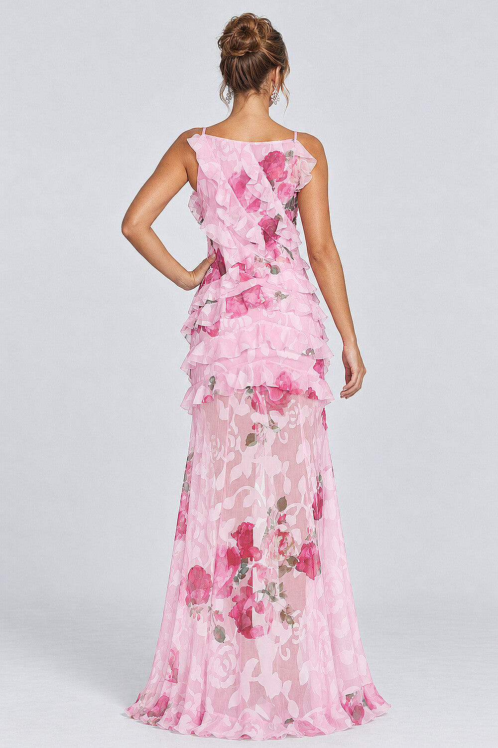 Floral Spaghetti Straps Tiered Ruffled Slit Maxi Dresses-Pink [Pre Order]