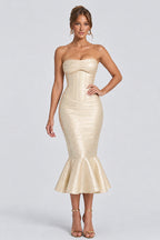 Strapless Corset Textured Mermaid Hem Midi Dresses-Champagne [Pre Order]