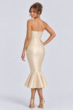 Strapless Corset Textured Mermaid Hem Midi Dresses-Champagne [Pre Order]