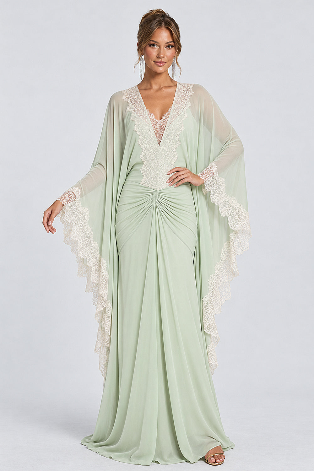 Deep V Neck Lace Trim Cape Sleeve Ruched Maxi Dresses-Green [Pre Order]