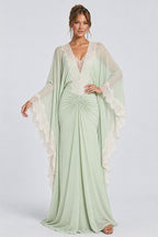 Deep V Neck Lace Trim Cape Sleeve Ruched Maxi Dresses-Green [Pre Order]