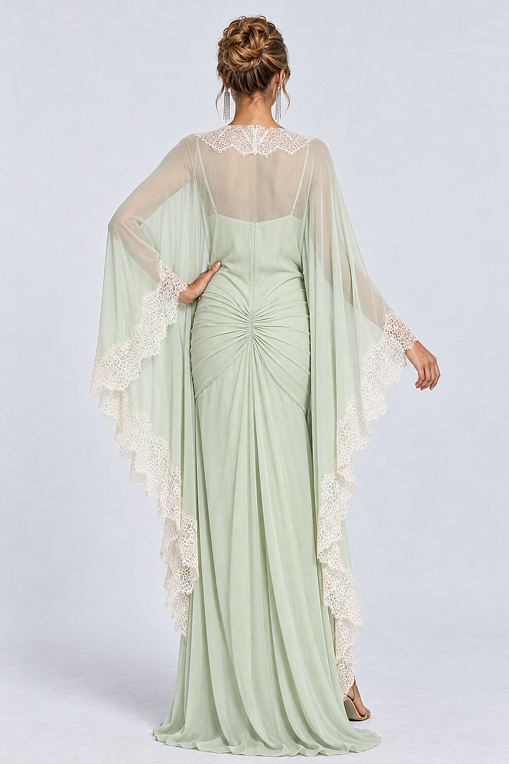 Deep V Neck Lace Trim Cape Sleeve Ruched Maxi Dresses-Green [Pre Order]