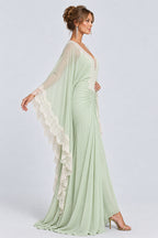 Deep V Neck Lace Trim Cape Sleeve Ruched Maxi Dresses-Green [Pre Order]