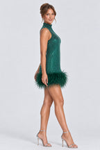 Mock Neck Sleeveless Rhinestone Feather Hem Mini Dresses-Green [Pre Order]