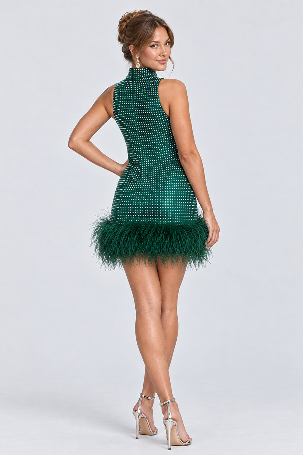 Mock Neck Sleeveless Rhinestone Feather Hem Mini Dresses-Green [Pre Order]