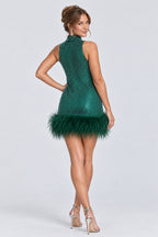 Mock Neck Sleeveless Rhinestone Feather Hem Mini Dresses-Green [Pre Order]