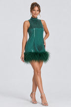 Mock Neck Sleeveless Rhinestone Feather Hem Mini Dresses-Green [Pre Order]