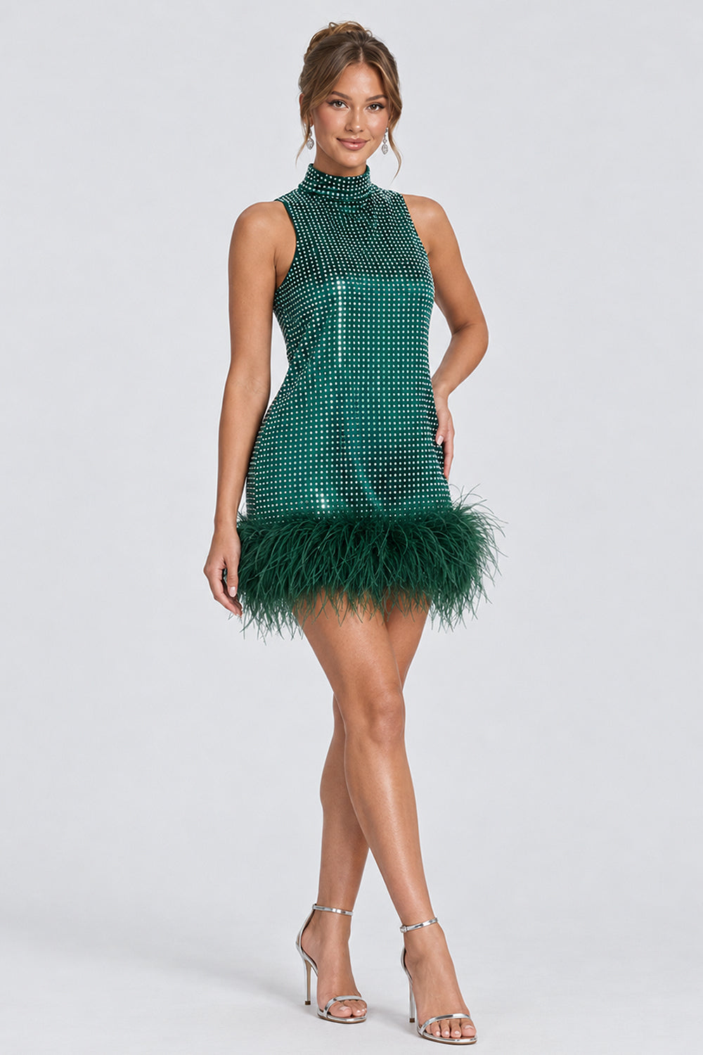 Mock Neck Sleeveless Rhinestone Feather Hem Mini Dresses-Green [Pre Order]