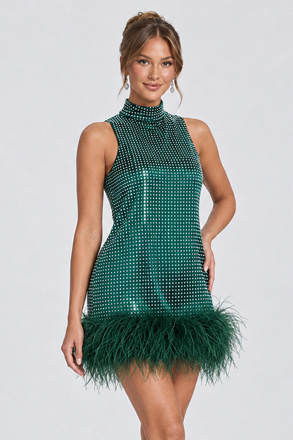 Mock Neck Sleeveless Rhinestone Feather Hem Mini Dresses-Green [Pre Order]