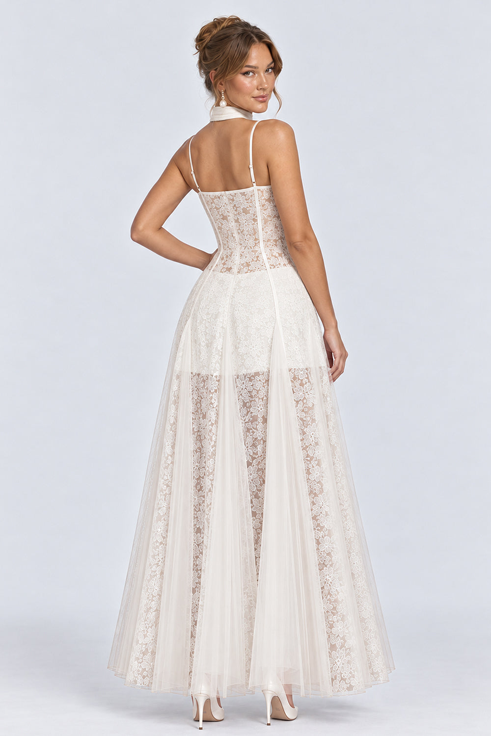Square Neck Spaghetti Strap Lace Tulle Maxi Dresses-OffWhite [Pre Order]