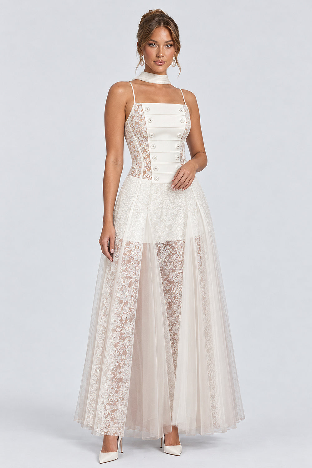 Square Neck Spaghetti Strap Lace Tulle Maxi Dresses-OffWhite [Pre Order]
