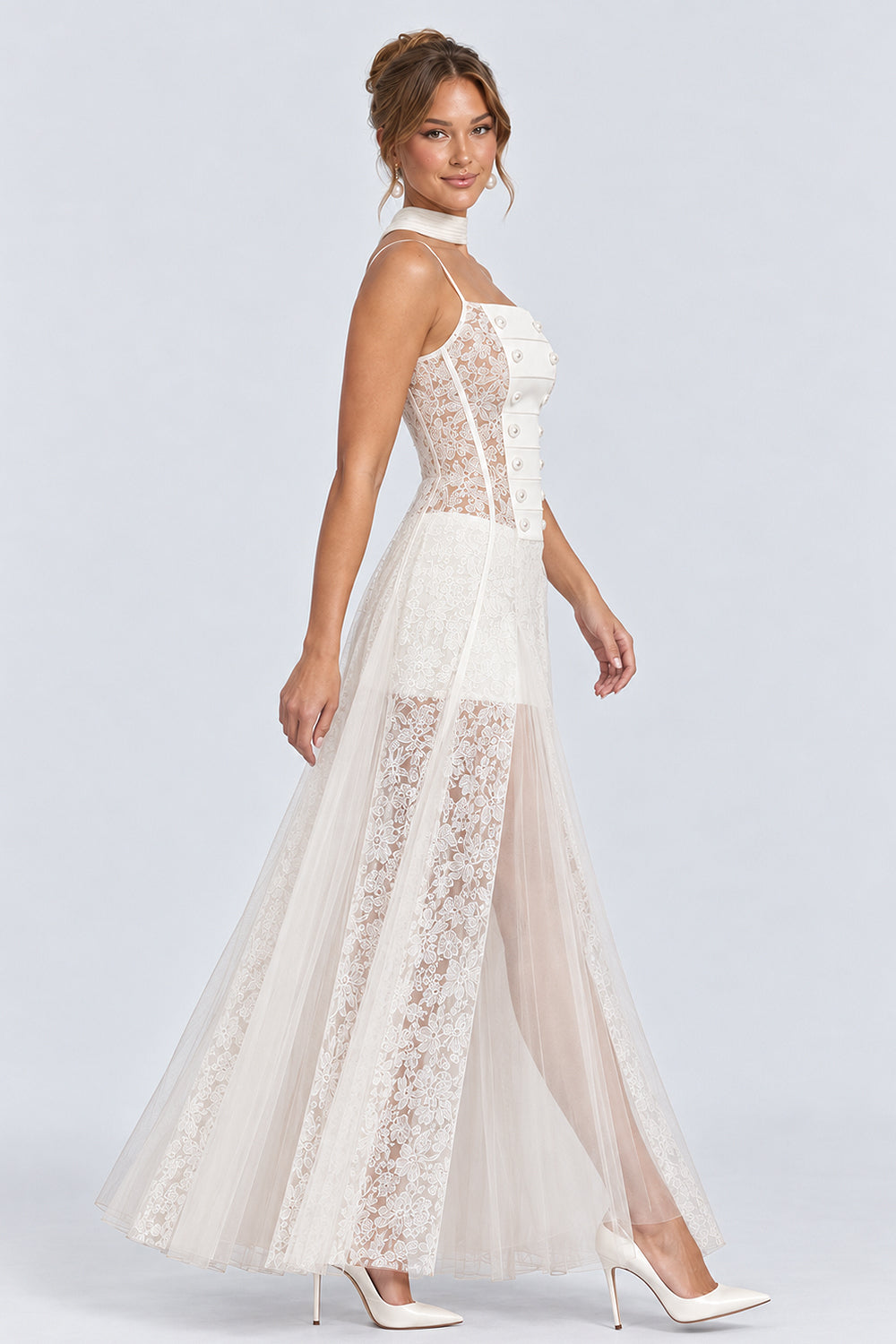 Square Neck Spaghetti Strap Lace Tulle Maxi Dresses-OffWhite [Pre Order]