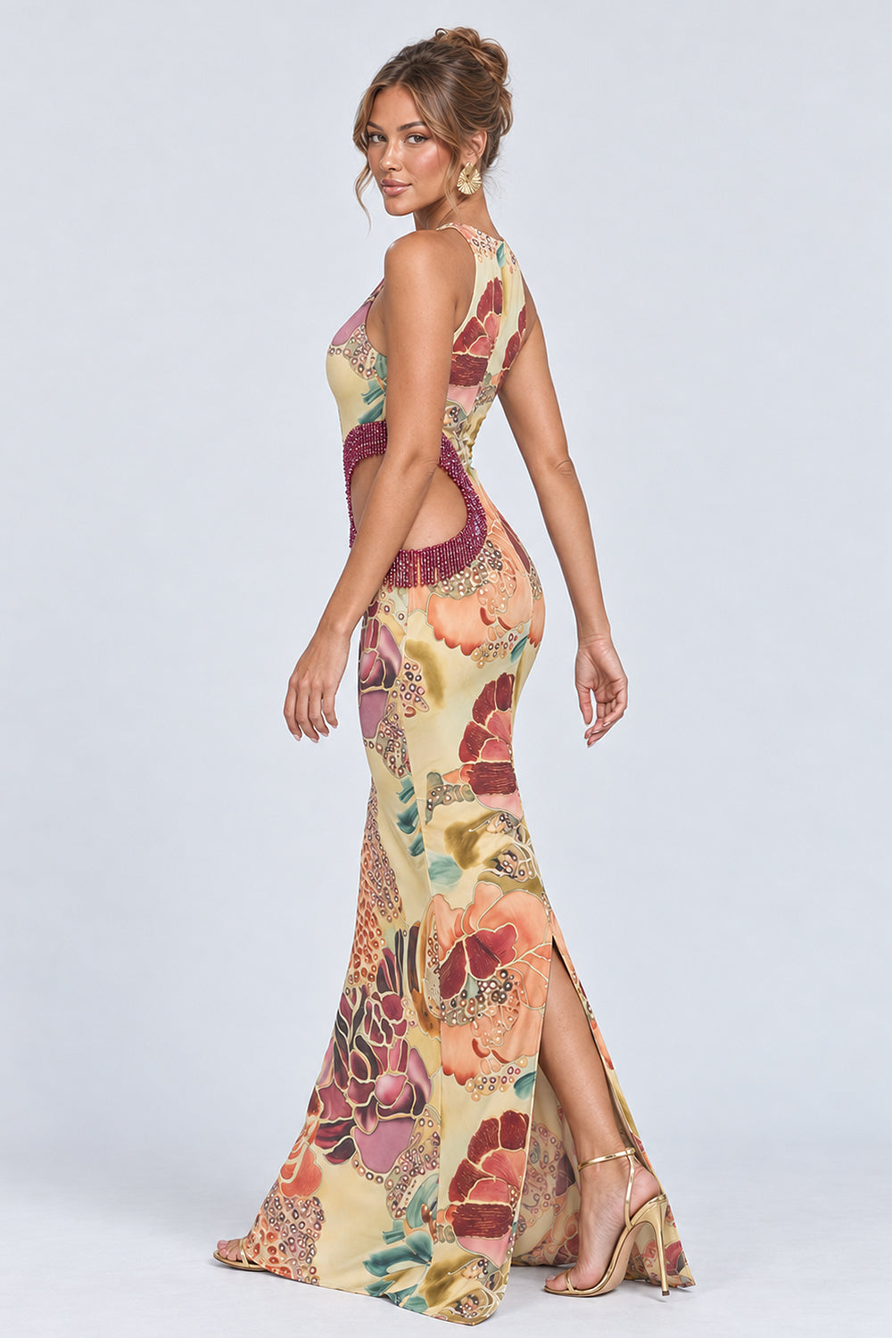 Floral Print Cutout Back Slit Mermaid Maxi Dresses-Multicolor [Pre Order]