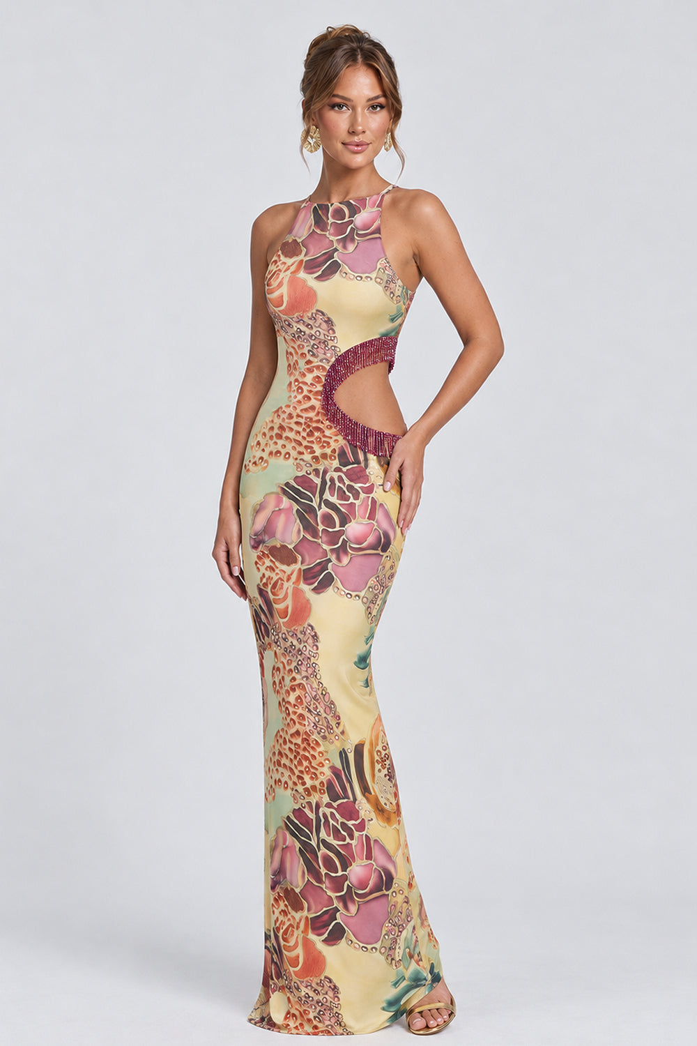 Floral Print Cutout Back Slit Mermaid Maxi Dresses-Multicolor [Pre Order]