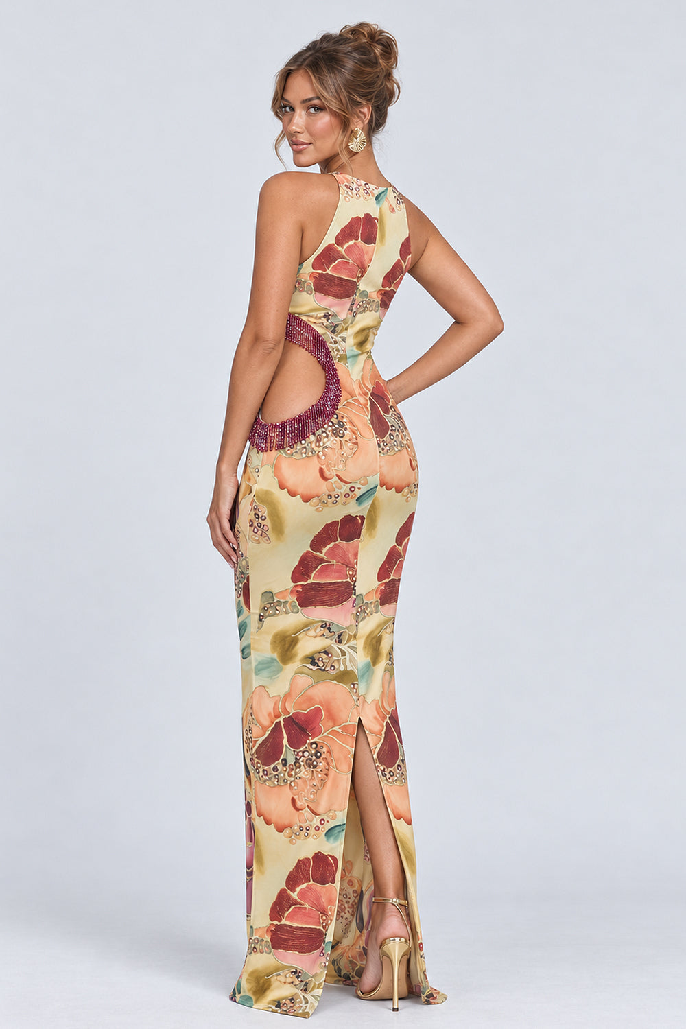 Floral Print Cutout Back Slit Mermaid Maxi Dresses-Multicolor [Pre Order]