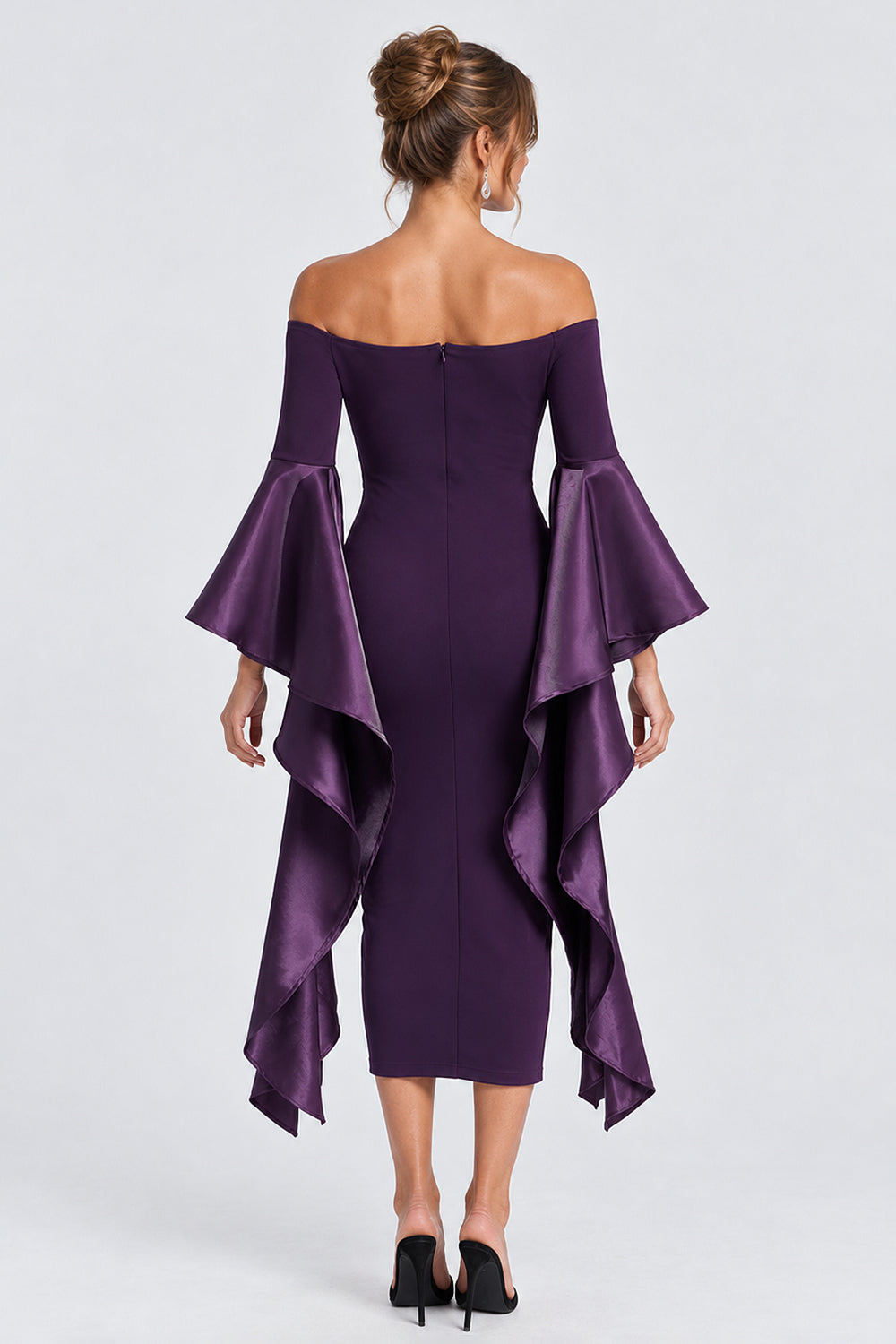 Off Shoulder Satin Ruffled Sleeves Bodycon Midi Dresses-Purple [Pre Order]
