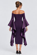 Off Shoulder Satin Ruffled Sleeves Bodycon Midi Dresses-Purple [Pre Order]