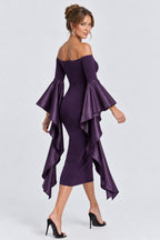 Off Shoulder Satin Ruffled Sleeves Bodycon Midi Dresses-Purple [Pre Order]