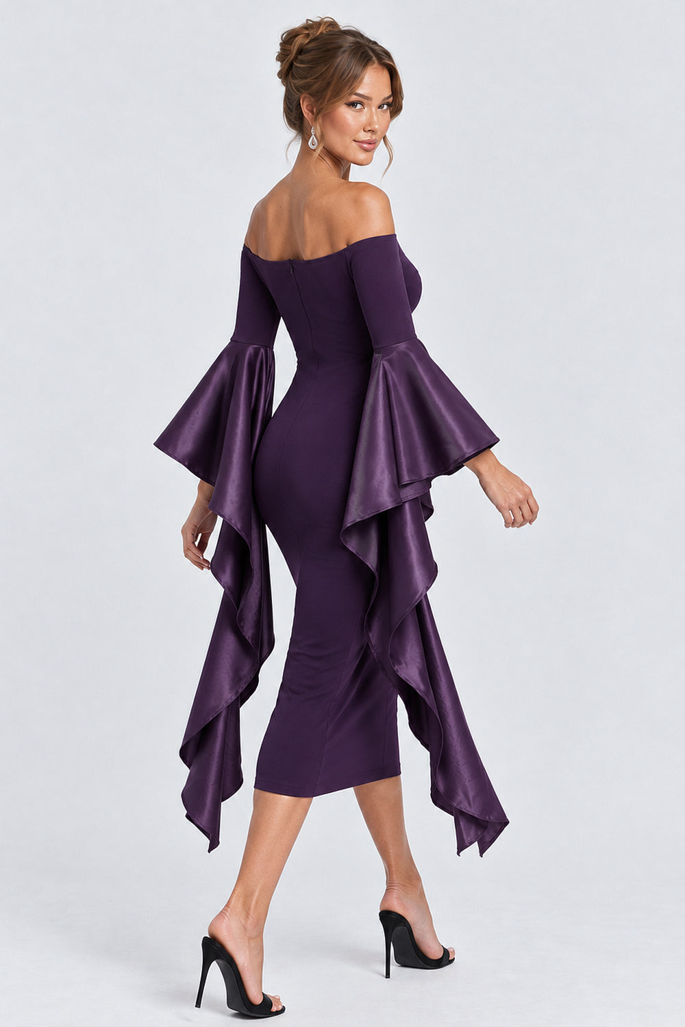 Off Shoulder Satin Ruffled Sleeves Bodycon Midi Dresses-Purple [Pre Order]