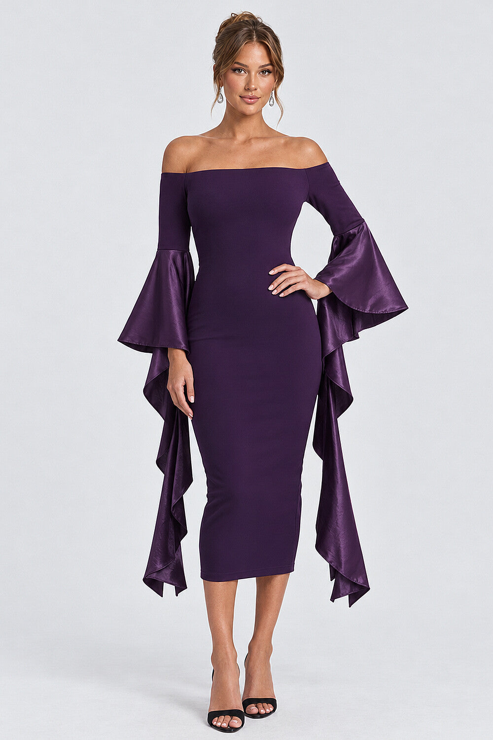 Off Shoulder Satin Ruffled Sleeves Bodycon Midi Dresses-Purple [Pre Order]