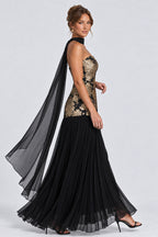 Halter Scarf Strapless Jacquard Pleated Maxi Dresses-Black [Pre Order]