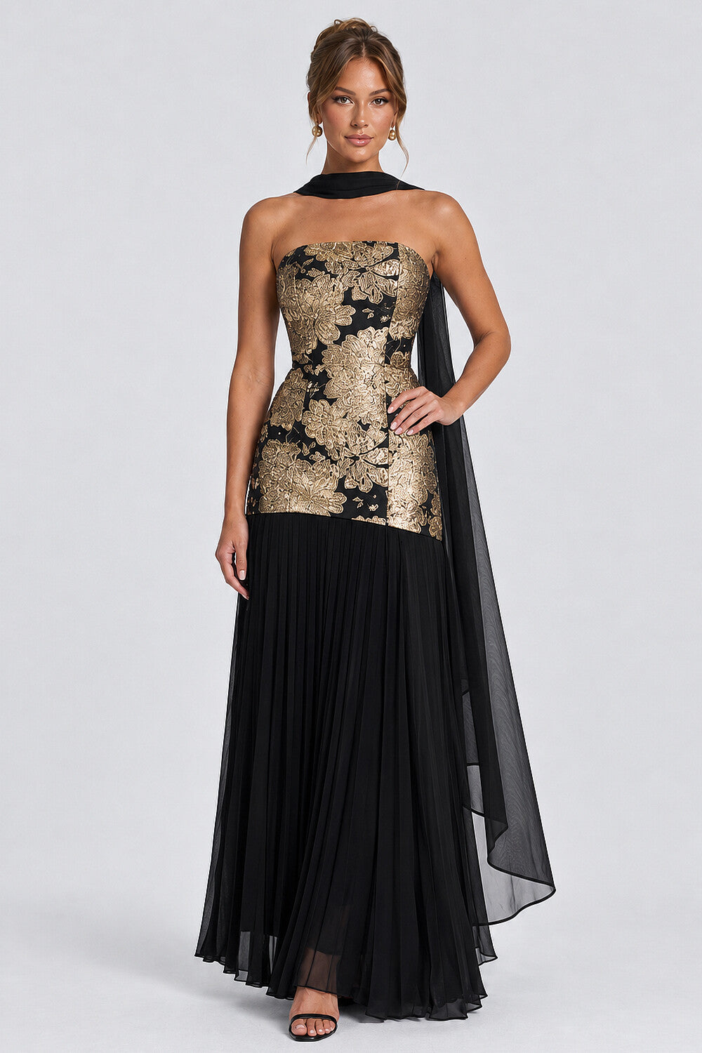Halter Scarf Strapless Jacquard Pleated Maxi Dresses-Black [Pre Order]