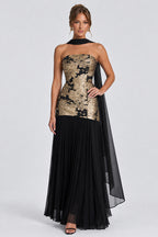 Halter Scarf Strapless Jacquard Pleated Maxi Dresses-Black [Pre Order]