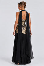 Halter Scarf Strapless Jacquard Pleated Maxi Dresses-Black [Pre Order]