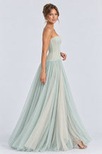 Polka Dot Strapless Layered Tulle A-Line Maxi Dresses-Green [Pre Order]