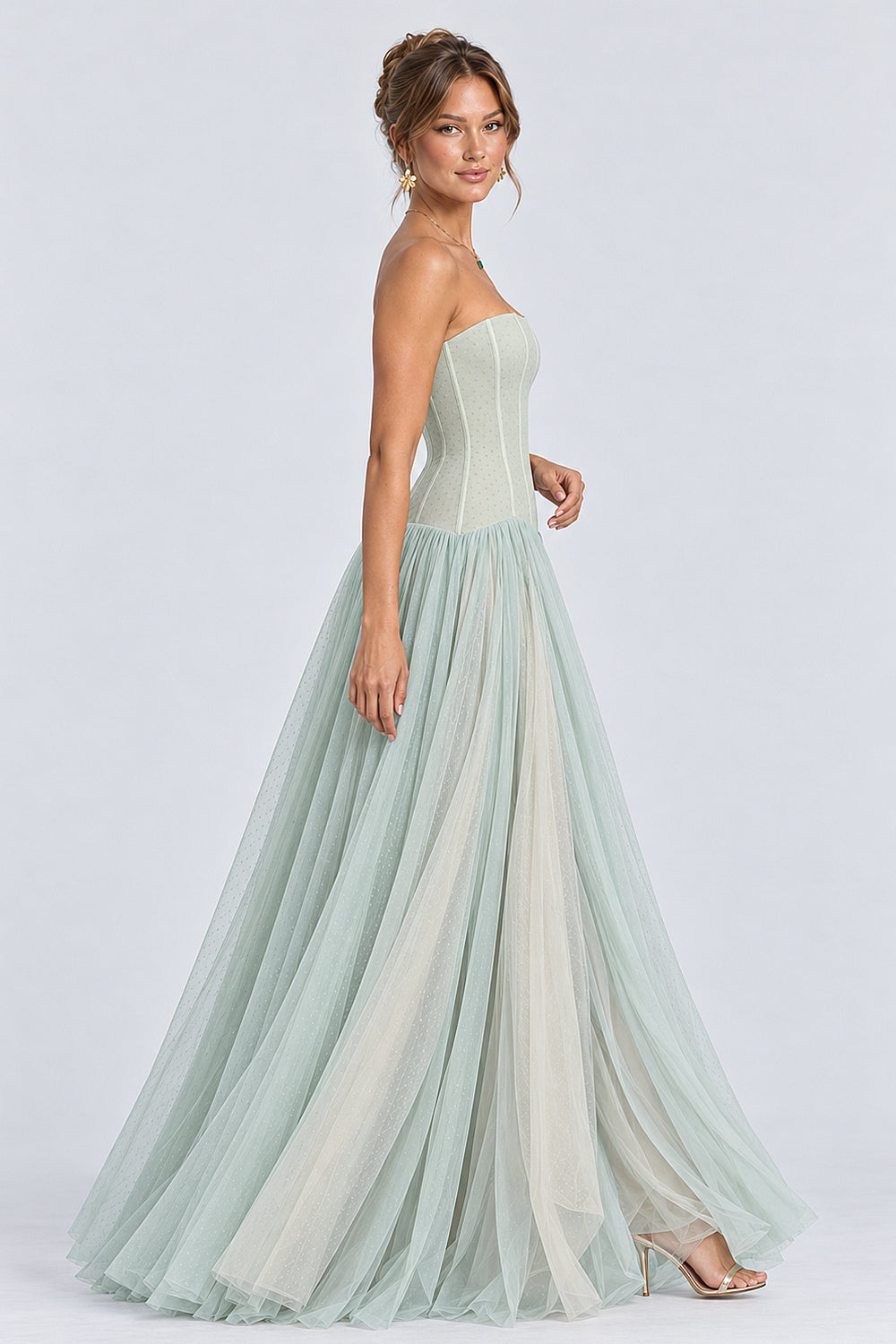 Polka Dot Strapless Layered Tulle A-Line Maxi Dresses-Green [Pre Order]