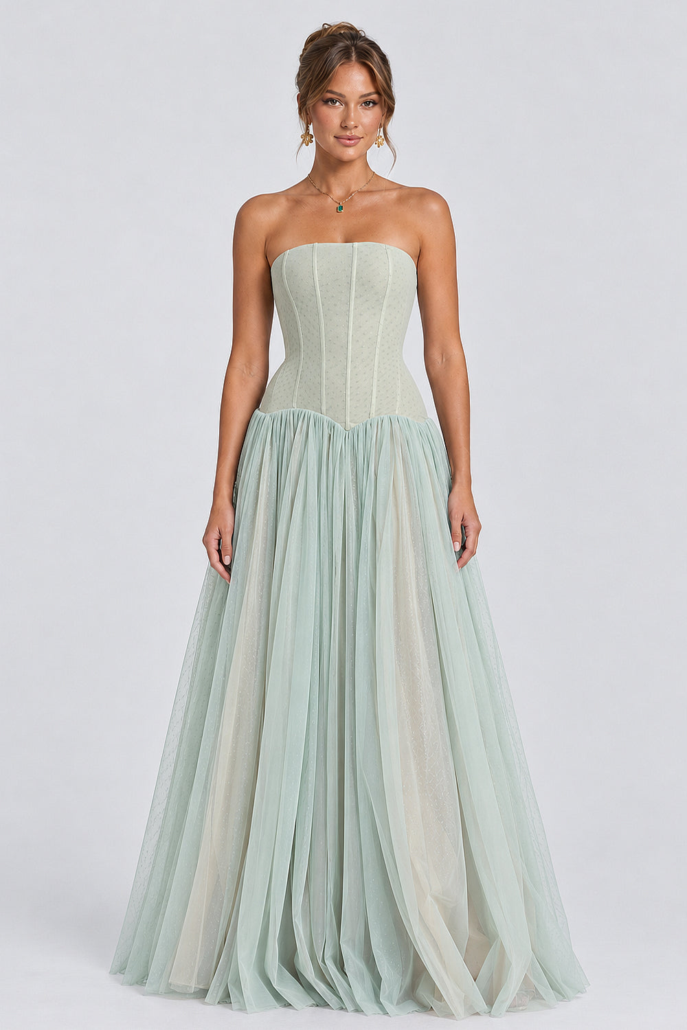 Polka Dot Strapless Layered Tulle A-Line Maxi Dresses-Green [Pre Order]