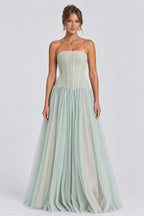 Polka Dot Strapless Layered Tulle A-Line Maxi Dresses-Green [Pre Order]