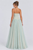 Polka Dot Strapless Layered Tulle A-Line Maxi Dresses-Green [Pre Order]