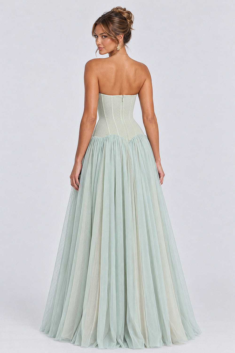 Polka Dot Strapless Layered Tulle A-Line Maxi Dresses-Green [Pre Order]