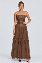 Strapless Lace Corset Tulle Tiered Ruffle Maxi Dresses-Brown [Pre Order]