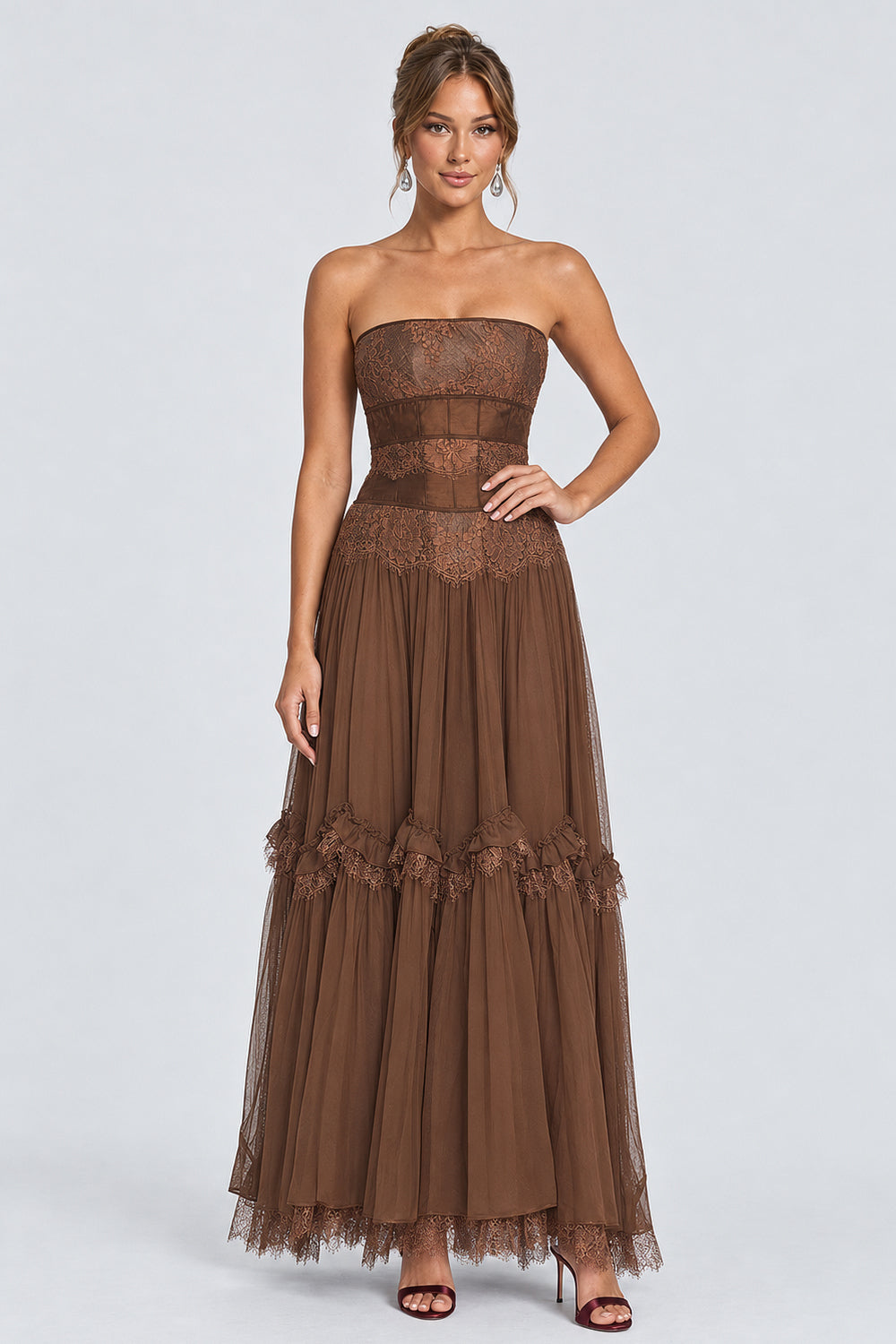 Strapless Lace Corset Tulle Tiered Ruffle Maxi Dresses-Brown [Pre Order]