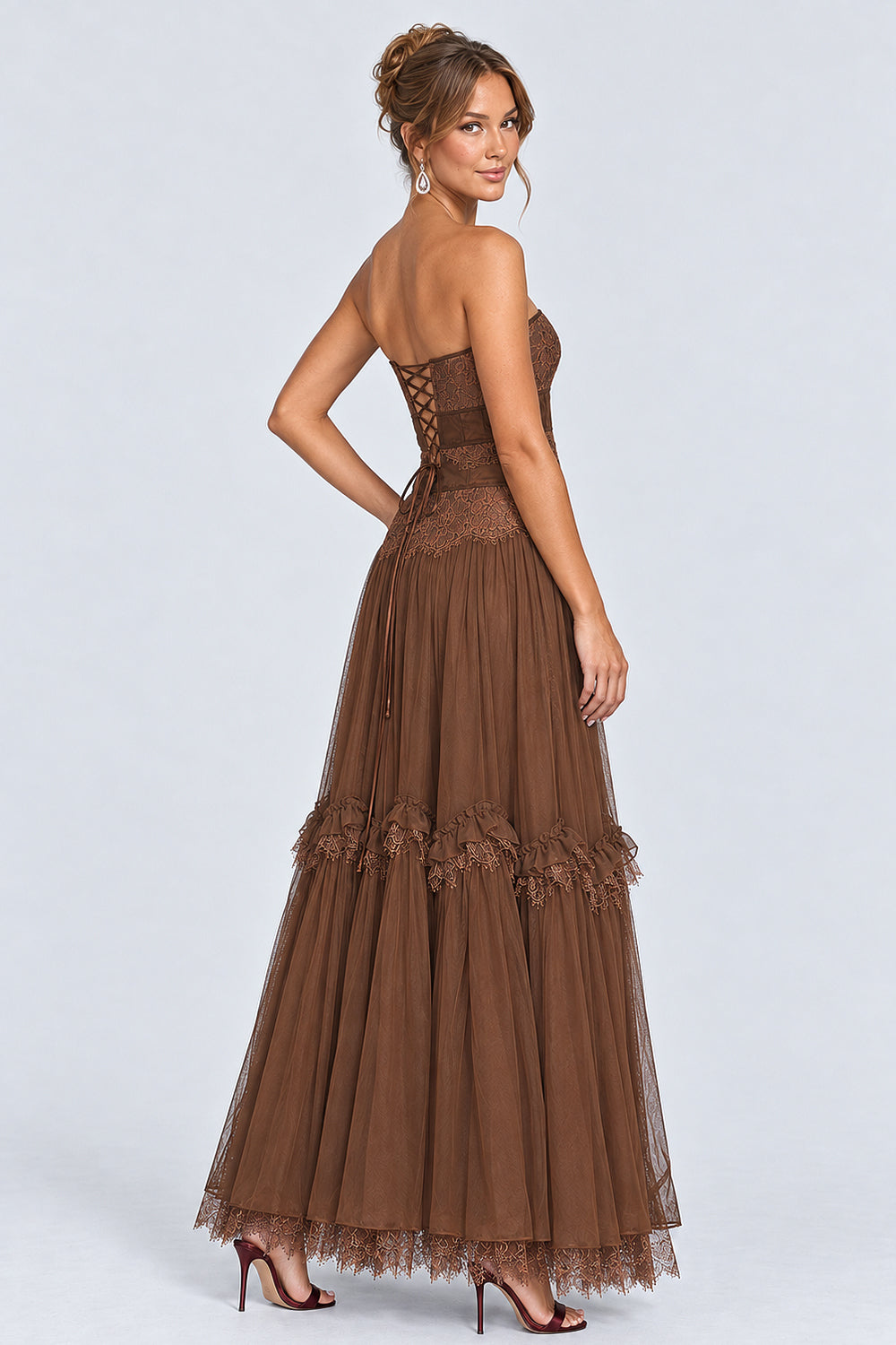 Strapless Lace Corset Tulle Tiered Ruffle Maxi Dresses-Brown [Pre Order]