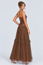 Strapless Lace Corset Tulle Tiered Ruffle Maxi Dresses-Brown [Pre Order]