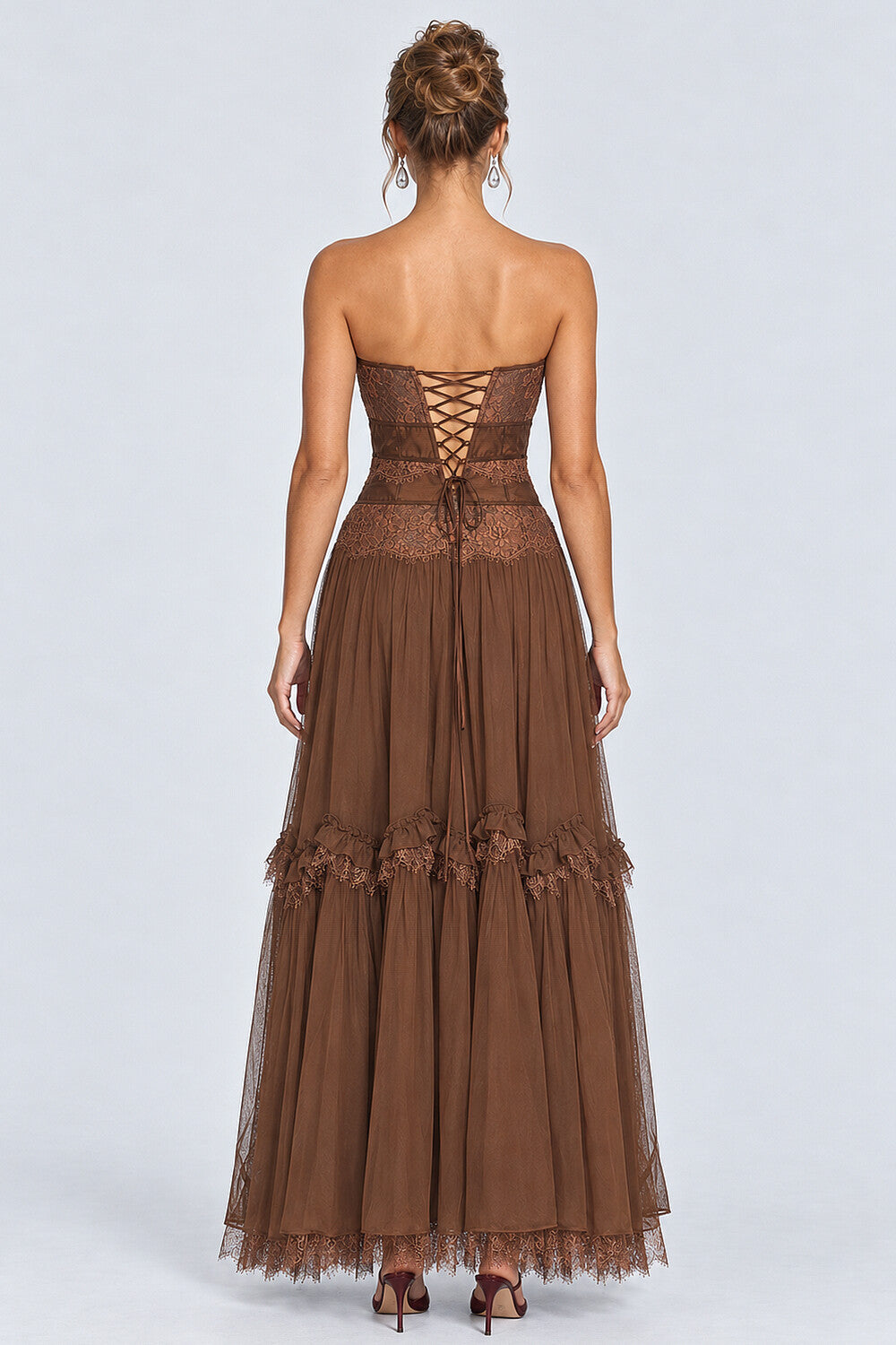 Strapless Lace Corset Tulle Tiered Ruffle Maxi Dresses-Brown [Pre Order]