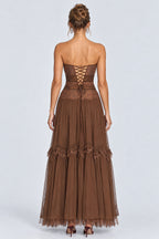 Strapless Lace Corset Tulle Tiered Ruffle Maxi Dresses-Brown [Pre Order]
