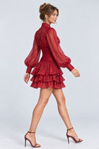 Stand Collar Lantern Sleeve Tiered Ruffle Mini Dresses-Burgundy [Pre Order]