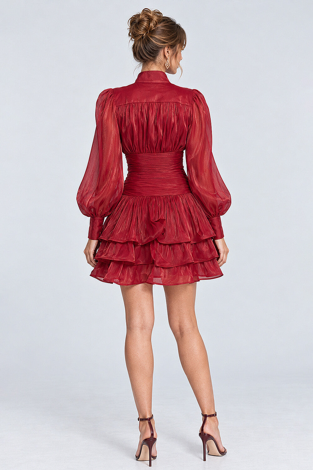 Stand Collar Lantern Sleeve Tiered Ruffle Mini Dresses-Burgundy [Pre Order]