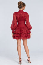 Stand Collar Lantern Sleeve Tiered Ruffle Mini Dresses-Burgundy [Pre Order]